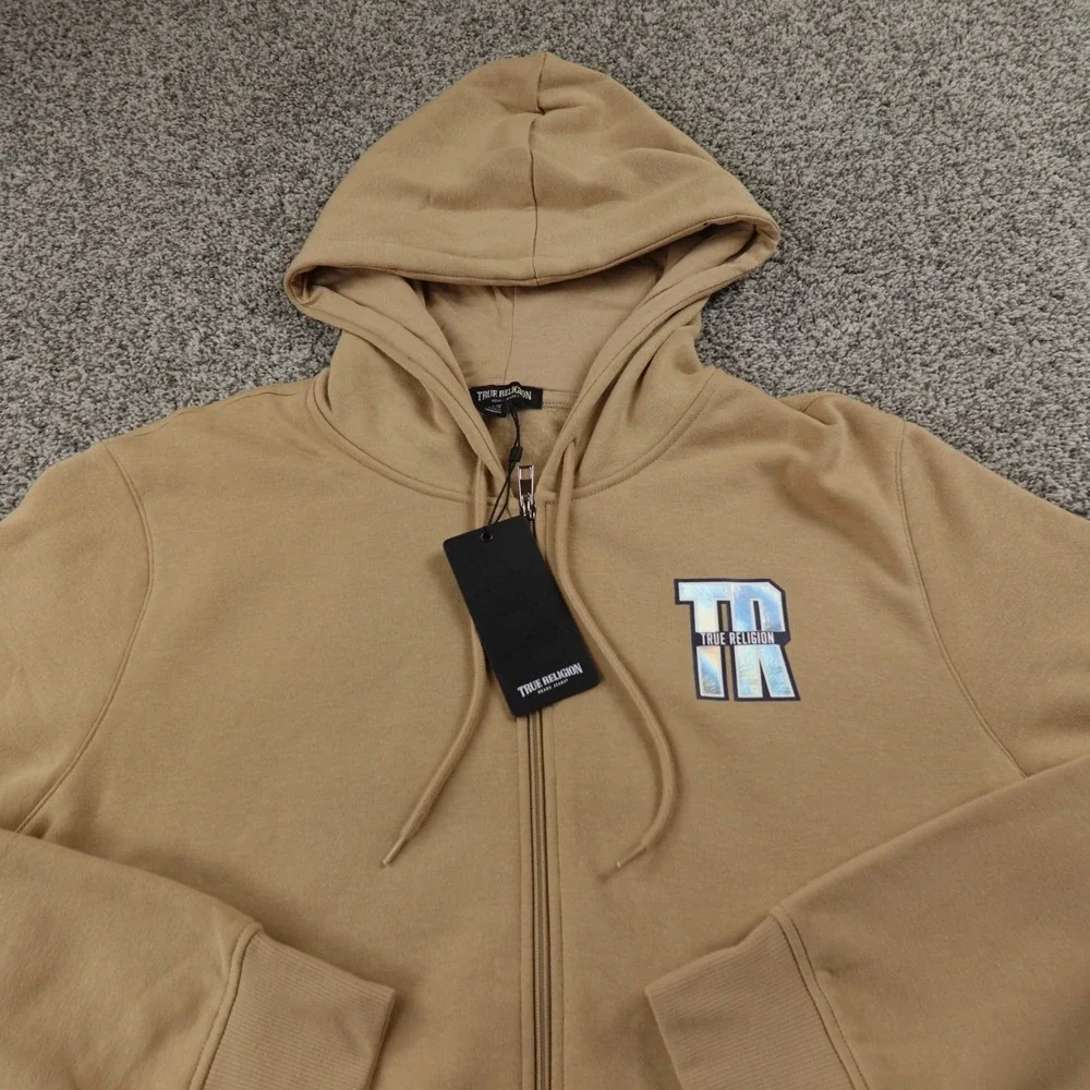 NEW True Religion Hoodie Mens L‎ Beige Buddha Full Zip Sweatshirt Sweater Jacket
